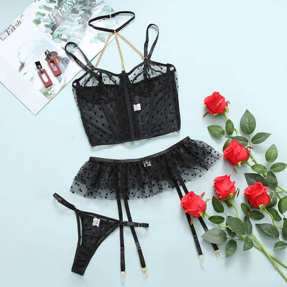Lace Polka Dot Ruffle Bustier Bra Set Over VIew