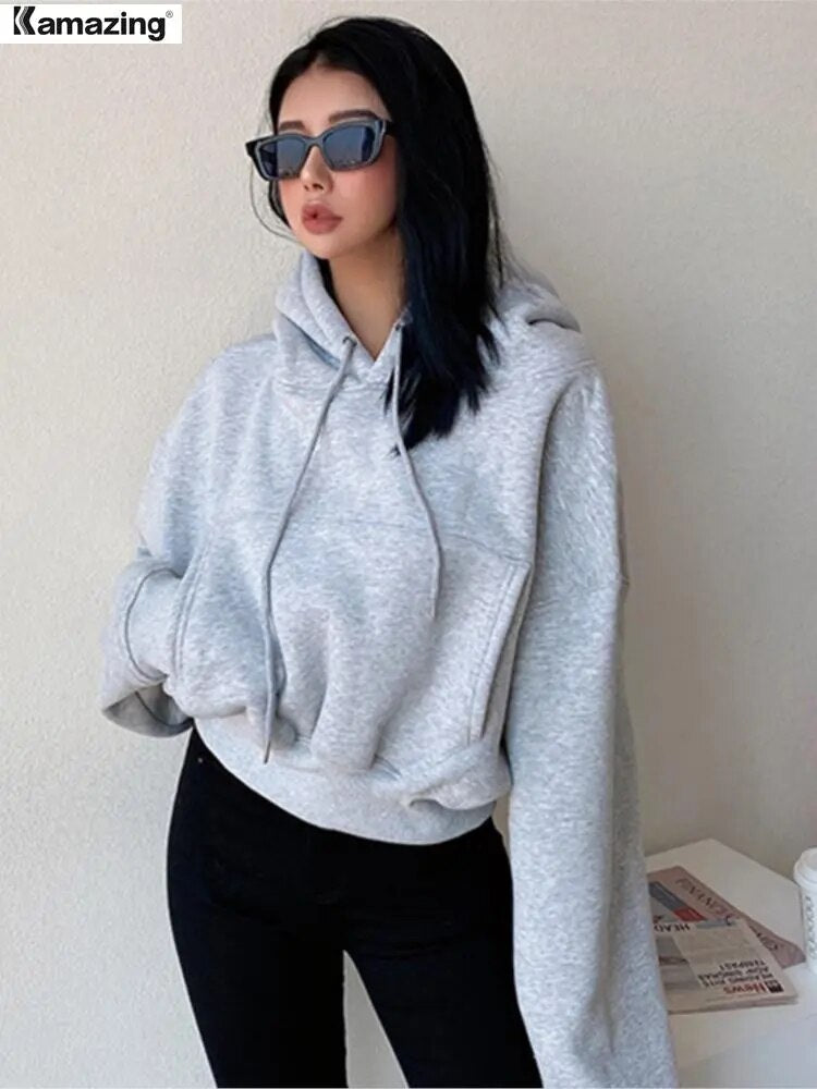 Winter Women Solid Fleece Hoodies Clothing Long Sleeve Tops Loose Pocket Sweatshirt Female Casual Pullover-1