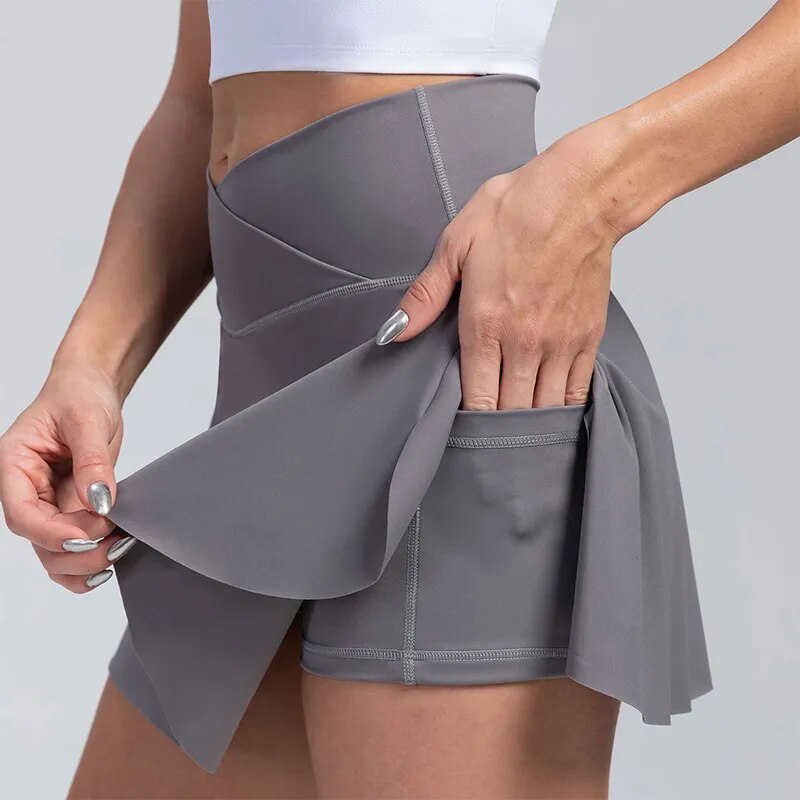 Women Pleated Tennis Skirt with Pockets Shorts Athletic Skirts Crossover High Waisted Athletic Golf Skorts Workout Sports Skirts-4