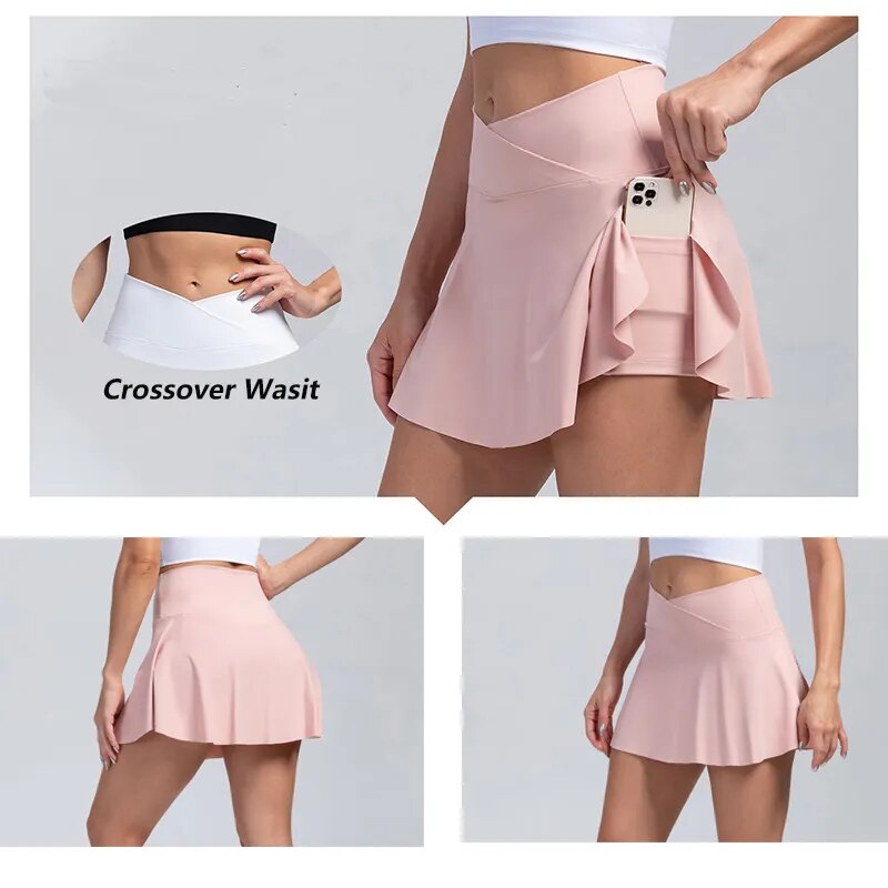 Women Pleated Tennis Skirt with Pockets Shorts Athletic Skirts Crossover High Waisted Athletic Golf Skorts Workout Sports Skirts-3