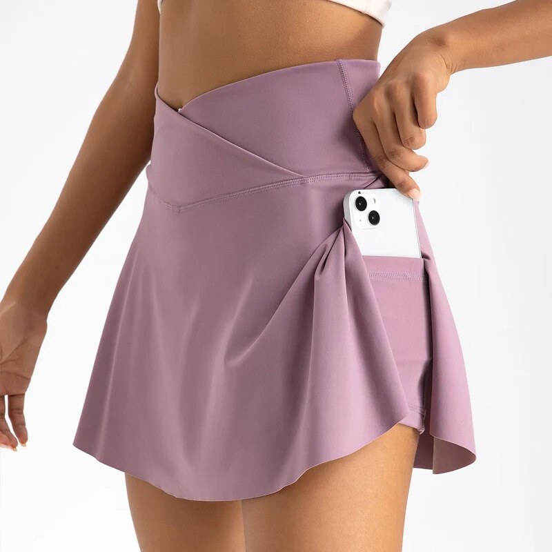 Women Pleated Tennis Skirt with Pockets Shorts Athletic Skirts Crossover High Waisted Athletic Golf Skorts Workout Sports Skirts-7