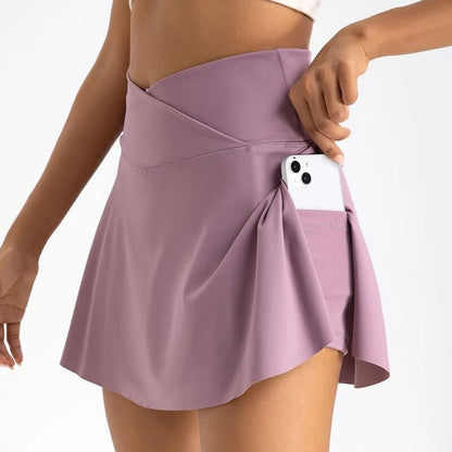 Women Pleated Tennis Skirt with Pockets Shorts Athletic Skirts Crossover High Waisted Athletic Golf Skorts Workout Sports Skirts-7