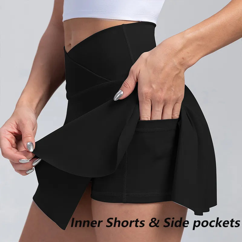 Women Pleated Tennis Skirt with Pockets Shorts Athletic Skirts Crossover High Waisted Athletic Golf Skorts Workout Sports Skirts-1