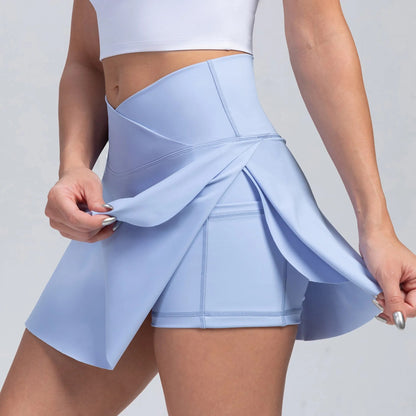 Women Pleated Tennis Skirt with Pockets Shorts Athletic Skirts Crossover High Waisted Athletic Golf Skorts Workout Sports Skirts-9