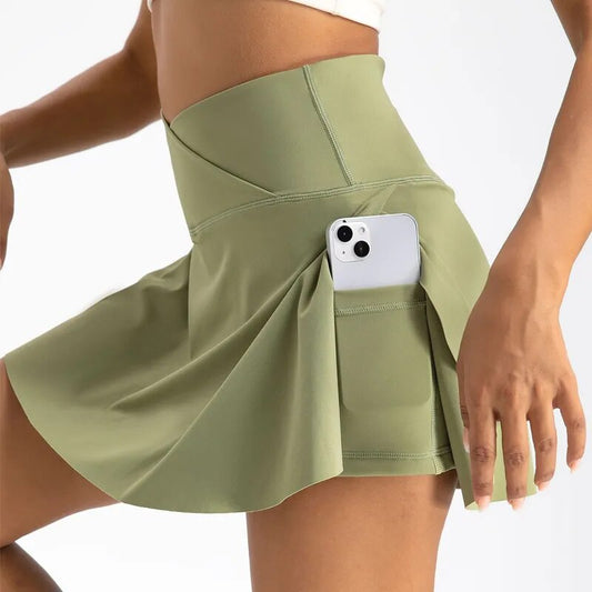 Women Pleated Tennis Skirt with Pockets Shorts Athletic Skirts Crossover High Waisted Athletic Golf Skorts Workout Sports Skirts-10
