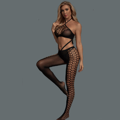 Wholesale Halter Bra Bodystocking Set with Hollow Honeycomb Design Side Display