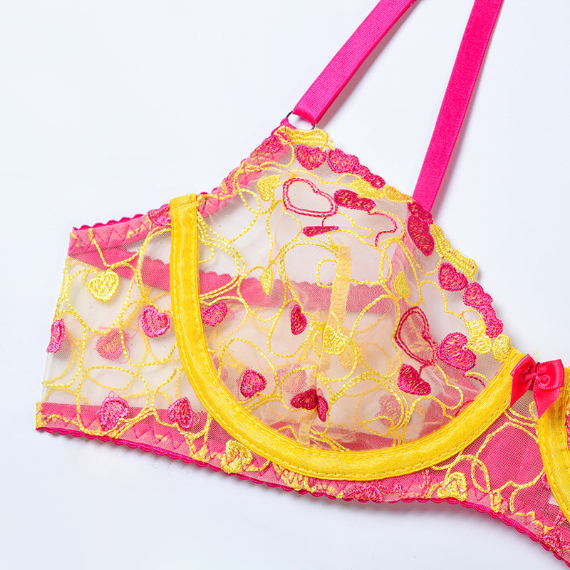 Wholesale Lace and Eyelash Bra and Panty Set with Love Embroidery-7