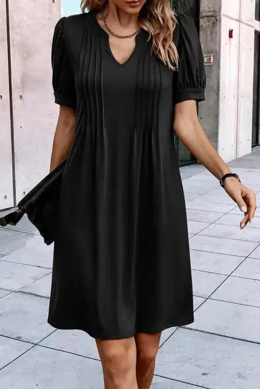 Black Notched Neck Pleated Puff Sleeve Shift T-shirt Dress-0