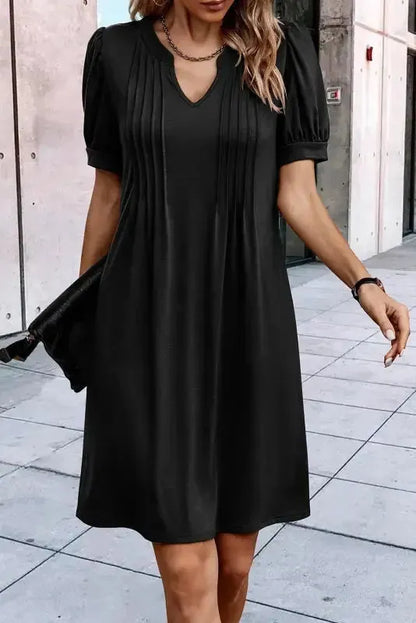 Black Notched Neck Pleated Puff Sleeve Shift T-shirt Dress-0