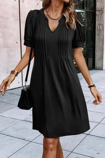 Black Notched Neck Pleated Puff Sleeve Shift T-shirt Dress-2