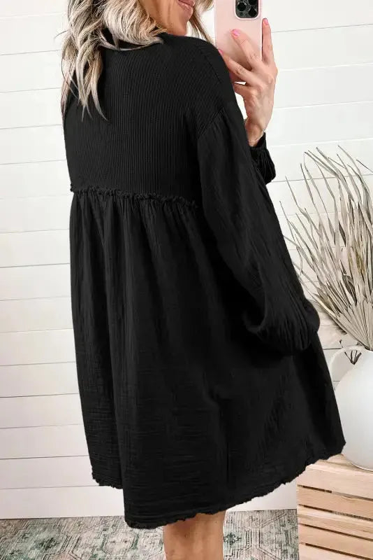 Cotton Crinkle Shirt Dress - Black-1