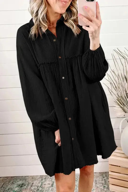 Cotton Crinkle Shirt Dress - Black-0