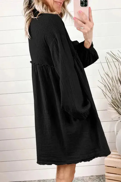 Cotton Crinkle Shirt Dress - Black-2