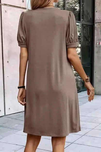 Desert Palm Notched Neck Pleated Puff Sleeve Shift T-shirt Dress-1