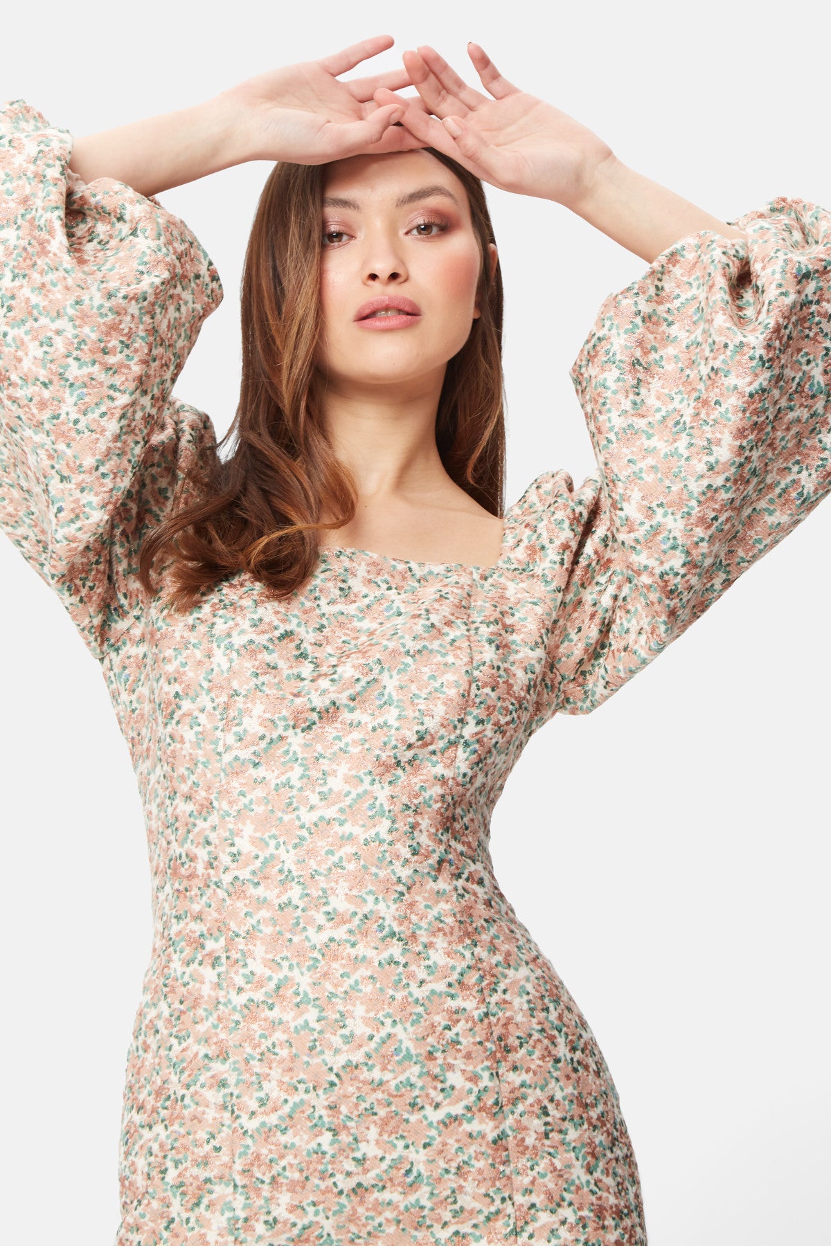 Brocade mini dress with bell sleeves-0