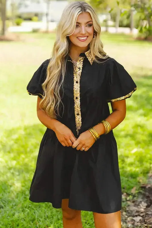 Game Day Shirt Dress - Black Sequin Trim-5
