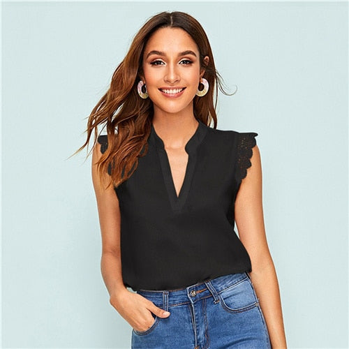 V-Placket Lace Trim Shell Top Elegant V neck Stand Collar Summer Sleeveless Womens Tops and Blouses-0