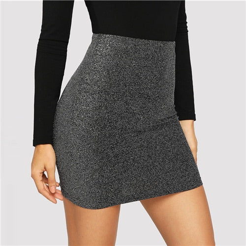 High Waist Metallic Bodycon Mini Skirt Women 2019 Modern Lady Spring Highstreet Night Out Solid Slim Skirts-5