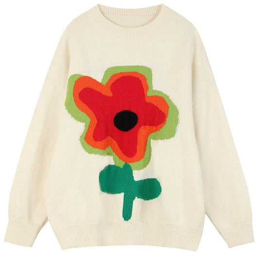 Floral Jacquard Casual Knit Pullover Women Sweaters,Winter ELF Vintage Drop Shoulder Sleeve,Korean Ladeis Daily Top-0