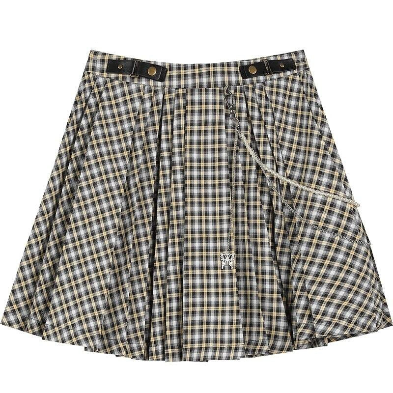 Plaid British High Waist Chic Belted Casual Women Mini Skirts,Spring ELF Vintage Korean Ladies Daily Preppy Bottom-0