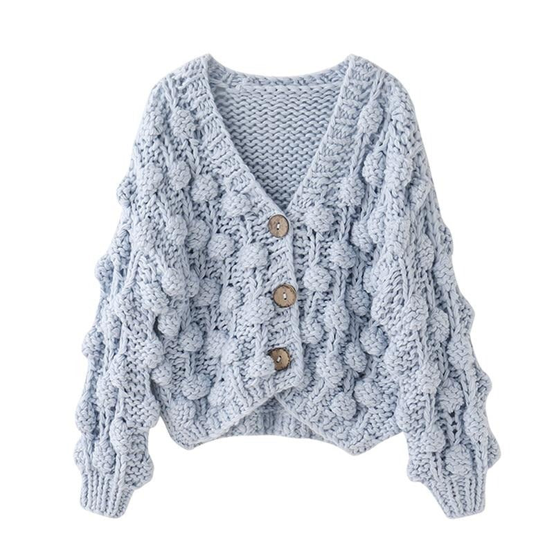 Runway Personality Women's Handmade Balls Sweater Women Coarse Wool Cropped Cardigan V-neck Casual Thick Winter Coat-0