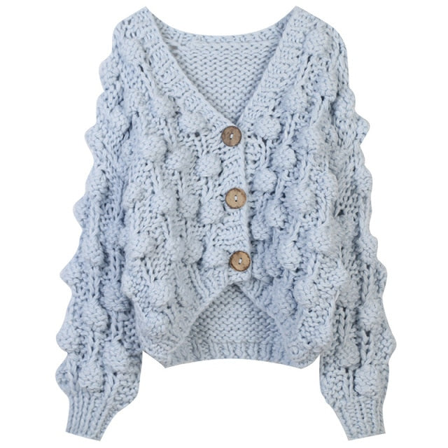 Runway Personality Women's Handmade Balls Sweater Women Coarse Wool Cropped Cardigan V-neck Casual Thick Winter Coat-1
