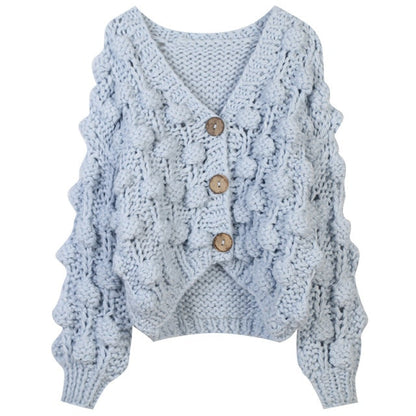Runway Personality Women's Handmade Balls Sweater Women Coarse Wool Cropped Cardigan V-neck Casual Thick Winter Coat-1