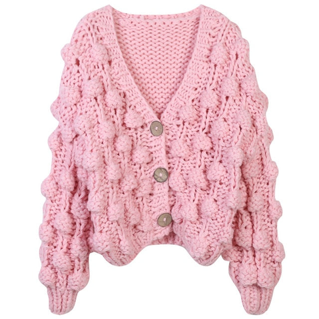 Runway Personality Women's Handmade Balls Sweater Women Coarse Wool Cropped Cardigan V-neck Casual Thick Winter Coat-2