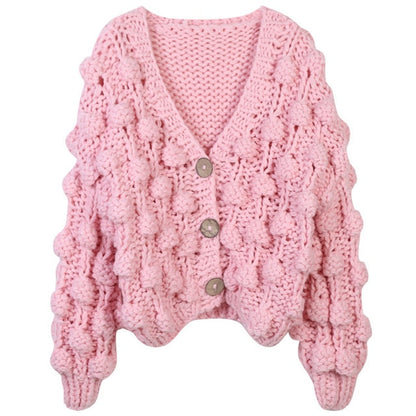 Runway Personality Women's Handmade Balls Sweater Women Coarse Wool Cropped Cardigan V-neck Casual Thick Winter Coat-2