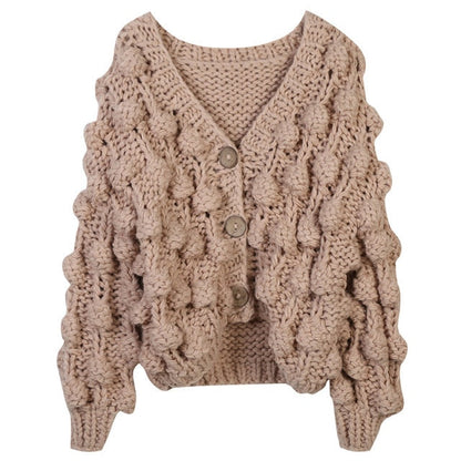 Runway Personality Women's Handmade Balls Sweater Women Coarse Wool Cropped Cardigan V-neck Casual Thick Winter Coat-3