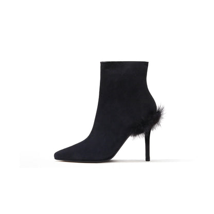 Stiletto Ankle Boots with Faux Fur Heel Accent-0